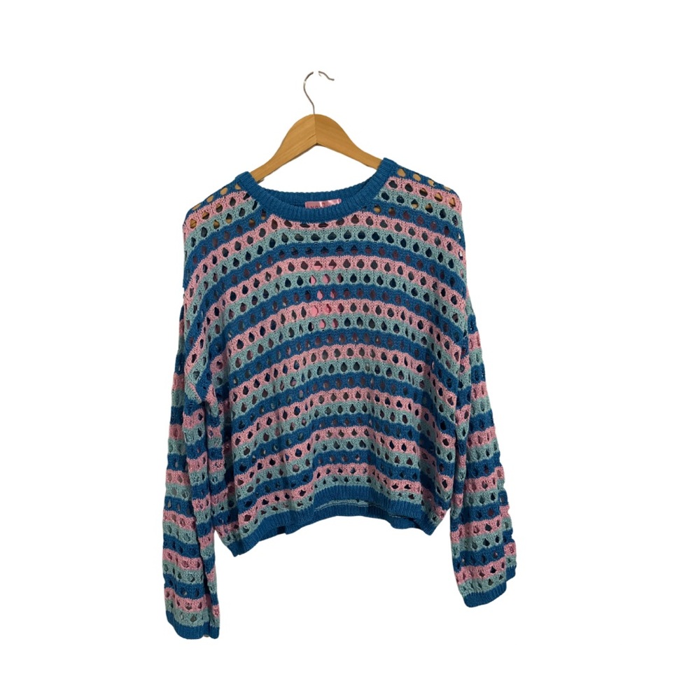 Blue & Pink Striped Open-Weave Crewneck Sweater